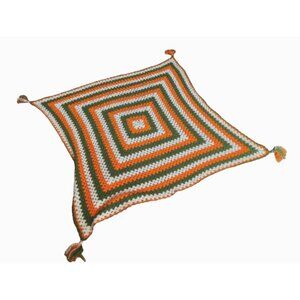 Vintage Crochet Afghan Blanket 64" x 55" Handmade Throw Quilt White Orange Green